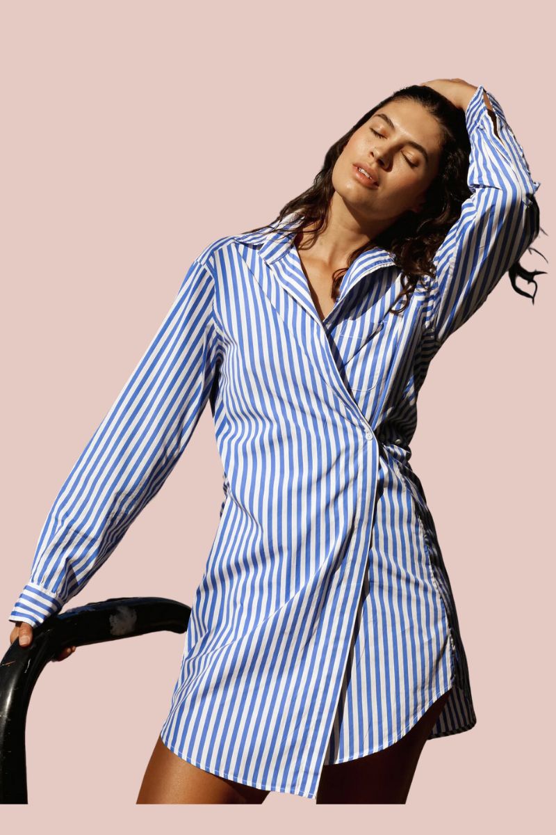 riviera shirt dress Introducing the Riviera Shirt Dress. Designed in an oversized maxi silhouette with an effortless sense of ease, it can be worn cinched at the waist or relaxed for versatile summer styling. Finished