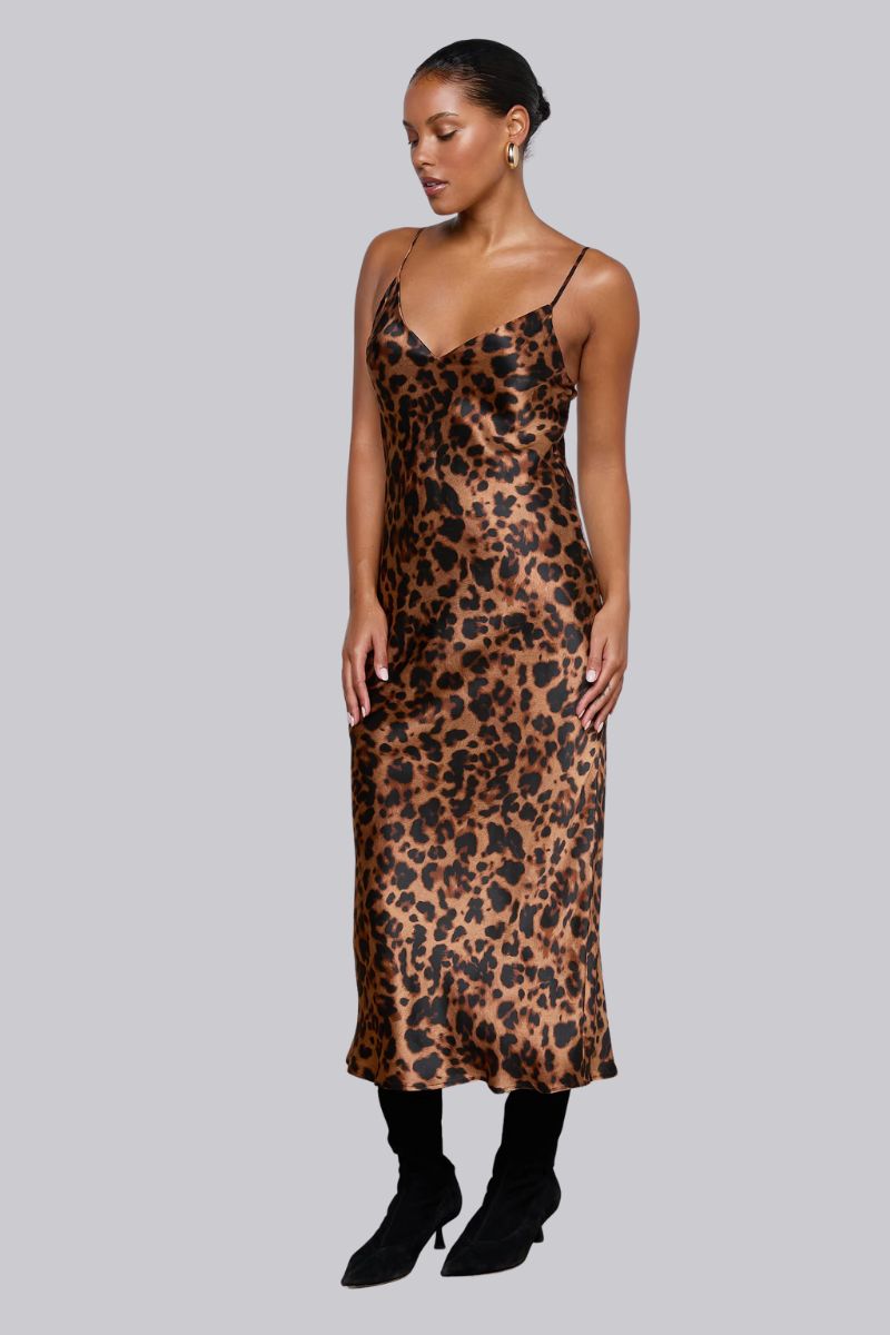 L'AGENCE Seridie Silk Slip Dress In Brown Multi Amur Leopard