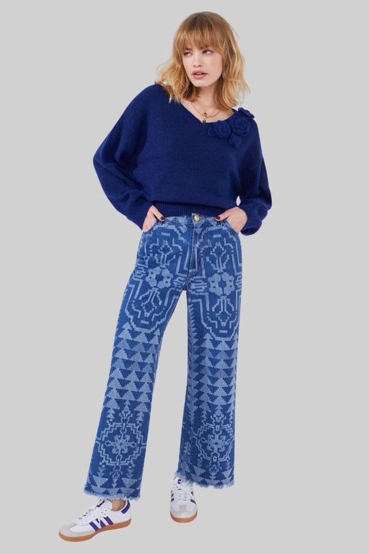 Laser Printed Cropped Wide Leg Jeans