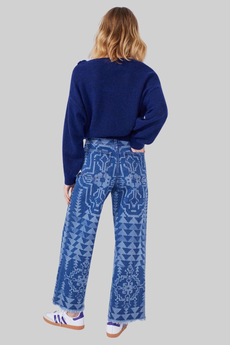 Laser Printed Cropped Wide Leg Jeans