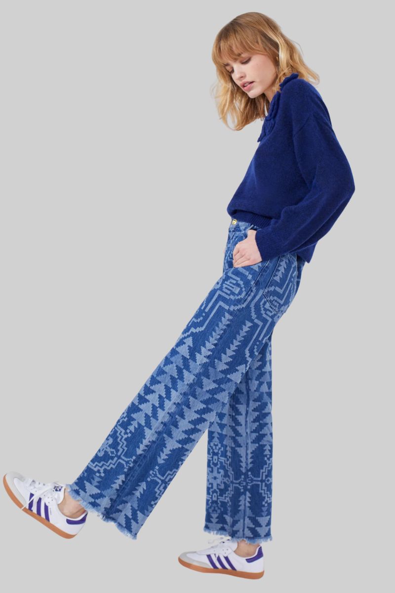 Laser Printed Cropped Wide Leg Jeans